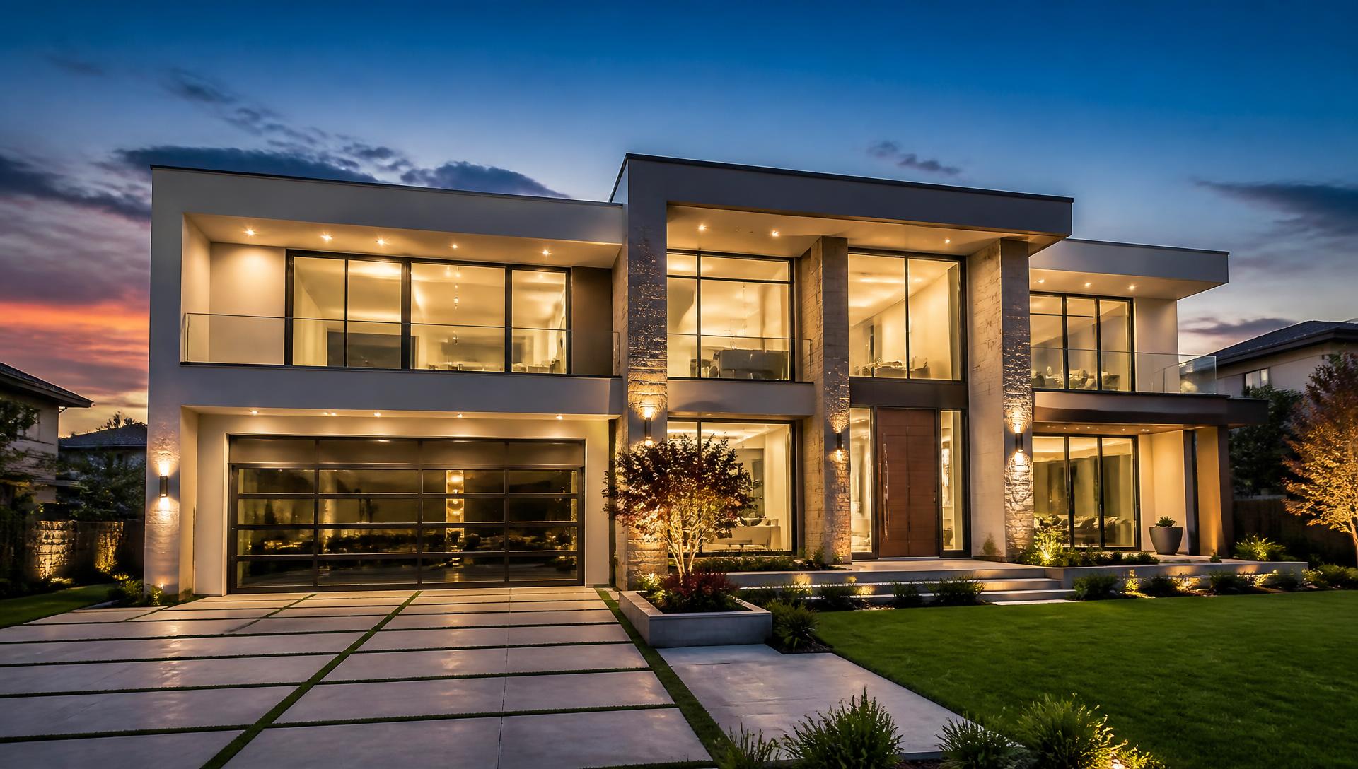 Casa moderna iluminada al atardecer